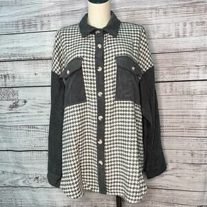Plus Size 2X Corduroy Houndstooth Colorblock Shacket Jacket Gray and White